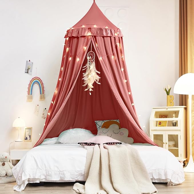 Kertnic Decor Canopy for Kids Bed, Soft Smooth Playing Tent Canopy Girls Room Decoration Princess Castle, Dreamy Mosquito Net Bedding, Children Reading Nook Canopies in Home (Red Bean Color)