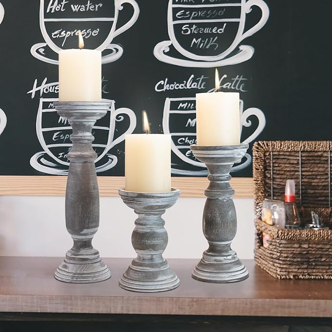 Rustic Wooden Pillar Candle Holders Set of 3, 12'' 9'' 6'' Farmhouse Wood Candle Stand for Table Centerpieces, Vintage Tall Candleholders Fireplace Mantel Decor for Living Room, Grey