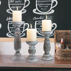 Rustic Wooden Pillar Candle Holders Set of 3, 12'' 9'' 6'' Farmhouse Wood Candle Stand for Table Centerpieces, Vintage Tall Candleholders Fireplace Mantel Decor for Living Room, Grey
