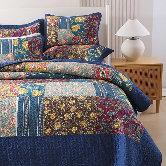 Cotton Bedspread Quilt Sets Reversible Bedding Coverlet Sets 3 Pieces Patchwork Blue Vintage Floral Paisley Bedspread, King Size