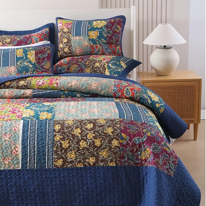Cotton Bedspread Quilt Sets Reversible Bedding Coverlet Sets 3 Pieces Patchwork Blue Vintage Floral Paisley Bedspread, Queen Size