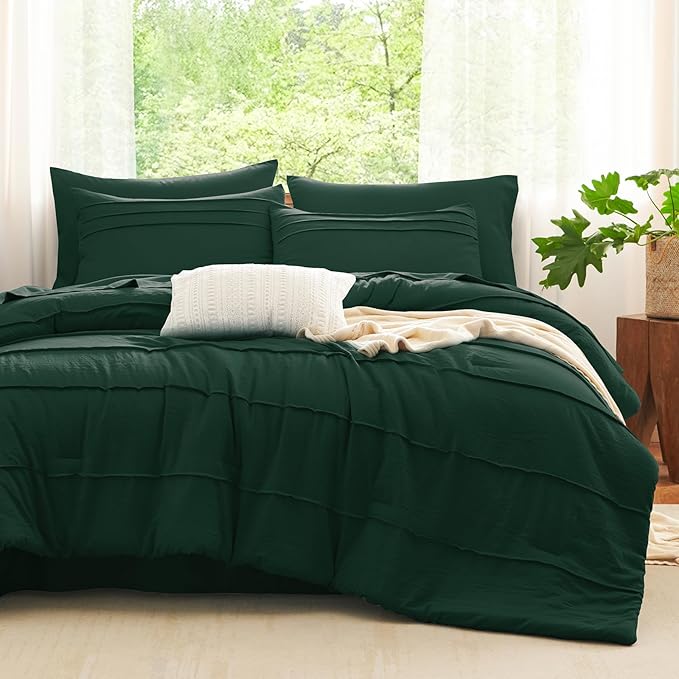 CozyLux King Size Comforter Set Emerald Green, 7 Pieces Soft Pinch Pleat Bed in a Bag King Comforter Set with Sheets, Bed Set with Down Alternative Comforter, Sheets, Pillowcases & Shams