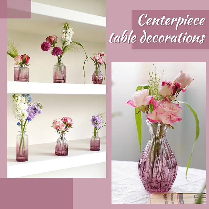Bud Vases Set of 12, Small Purple Vase Glass Vases for Flowers Vintage Ribbed Colored Wedding Flower Vase for Decor in Bulk Decor Bridal Shower Centerpieces Home Table Decoration