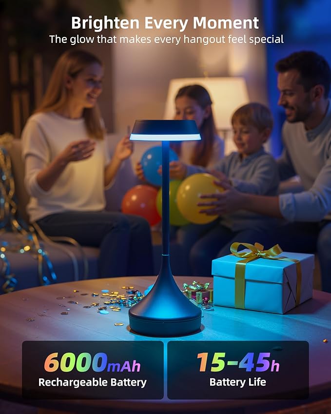 EZVALO Set of 2 Rechargeable Cordless Table Lamps, Portable 6000mAh Outdoor Table Light,3 Color & RGB Color Changing Stepless Dimming Waterproof Table Lamp for Home/Dinner/Patio/Restaurant/Bar