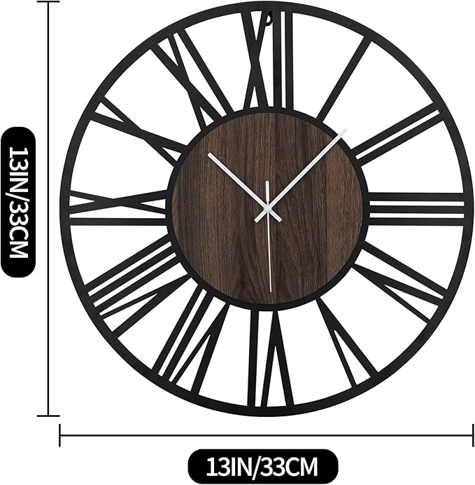 LEIKE Large Wall Clocks,Silent,Non Ticking,Battery Operated Small Vintage Round Modern Wood Wall Clock for Living Room, Bedroom,Kitchen,Farmhouse,Office Decor-13.5 Inch(Black-Roman Numerals)
