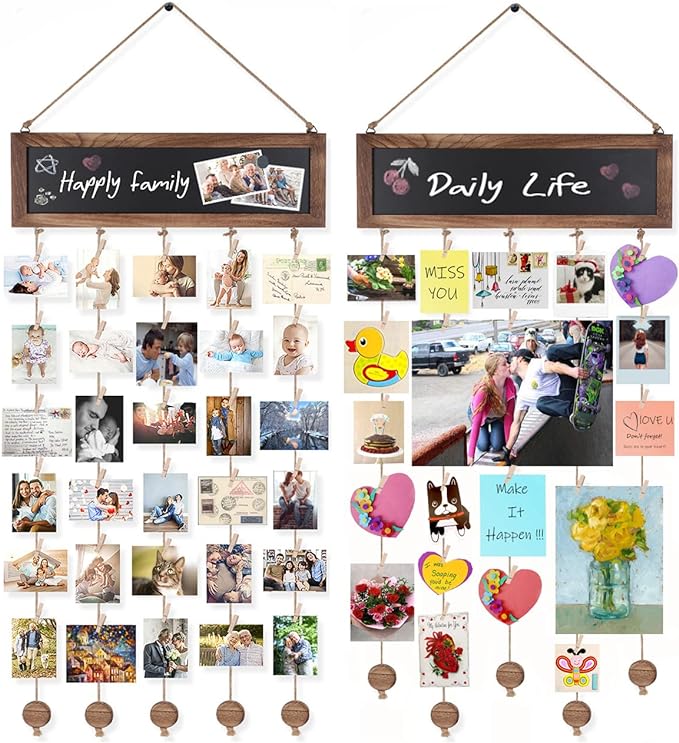 Bikoney 2-Pack Picture Frames Collage Wall Decor Photo Display Photo Board Wood Rustic Frames for Wall Decor and Party with 2 Blackboard and 60 Clips Carbonized Black