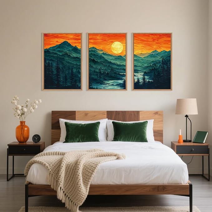 Woodland Mountain Framed Canvas Wall Art Set, Abstract Ridge Wall Painting, Boho Sunset Scenery Wall Decor, Modern Natural Landscape Art Print for Living Room, Bedroom, Office - 16"x24"x3