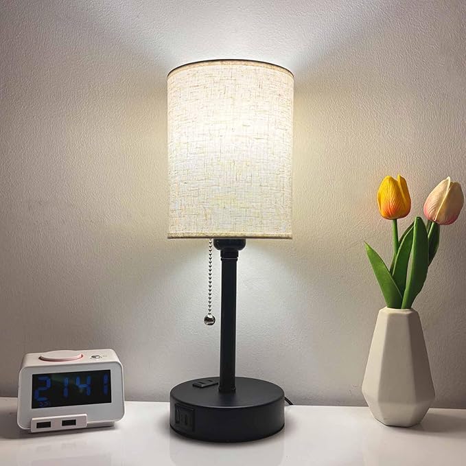 Small Bedside Table Lamp for Nightstand with USB & Outlet, 3 Color, Matte Black, Beige Lampshade (LED Bulb Included)