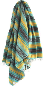 Del Mex Classic Mexican Blanket, Large Authentic Woven Falsa Throw (70"x50"), Artisan Southwest Décor for Beach, Yoga, Outdoors (Teal/Yellow)
