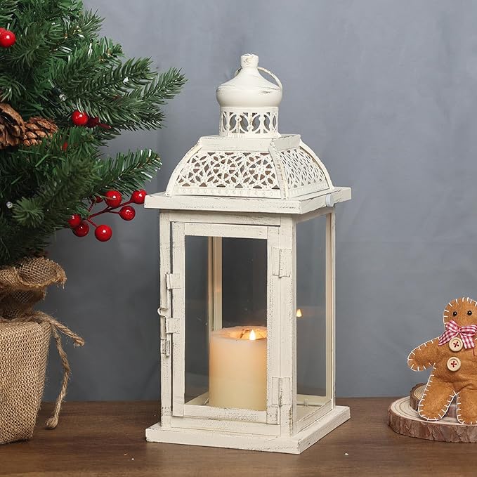 DECORKEY Lantern Decorative Indoor&Outdoor, 14.4'' Large Metal Candle Lanterns, Vintage Hanging Candle Holders Farmhouse Shelf Wedding Front Porch Patio Decor, Halloween Christmas Decorations for Home