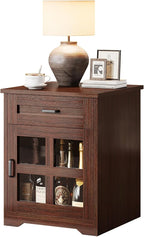 Farmhouse End Table with Drawer, 18" Large Side Table with Storage Cabinet and Acrylic Door, Wood Nightstand Bedside Table for Living Room, Bedroom (Espresso)