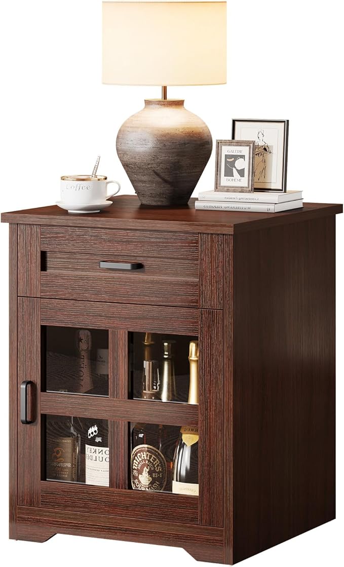 Farmhouse End Table with Drawer, 18" Large Side Table with Storage Cabinet and Acrylic Door, Wood Nightstand Bedside Table for Living Room, Bedroom (Espresso)