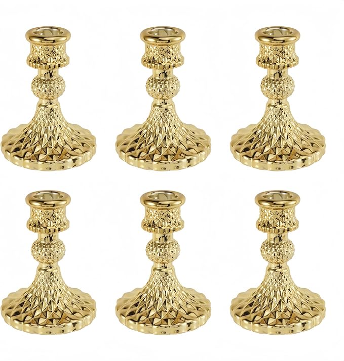 Glass Candlestick Holder,Striped Taper Candle Holders,Set of 6 Candle Stand for Table Centerpieces, Home Decor,Weddings,Festival and Parties (Gold Diamond)