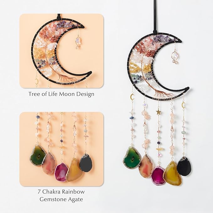 Rainbow Agate Gemstone Big Dream Catcher 7 Chakra Tree of Life Dream Catcher with Crystal Stones Handmade Dreamcatcher Wall Decor for Adults Boys Girls,Bedroom,Garden,Bless Gift(Large Colorful Moon)
