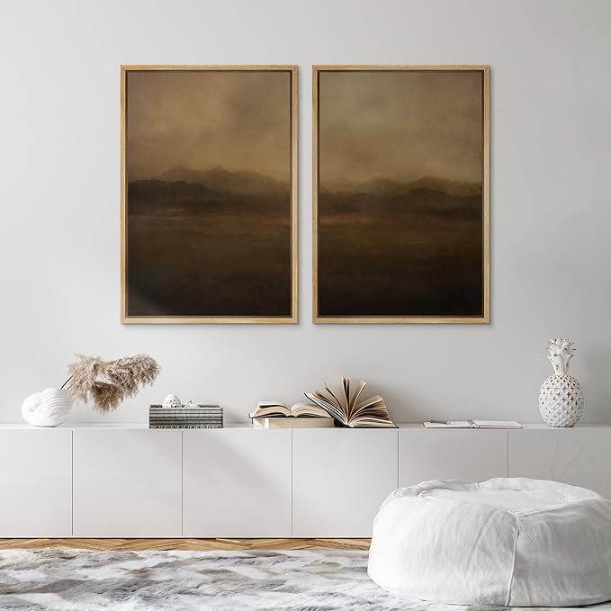 SIGNFORD Framed Canvas Print Wall Art Set Serene Misty Mountains Illustrations Modern Art Decorative for Living Room, Bedroom, Office - 16"x24"x2 Natural