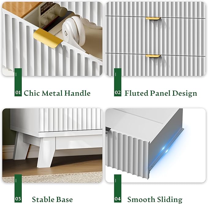 Fluted Nightstand with Charging Station, 24" Wide Bedside Table with 3 Large Storage Drawers, Modern Wood Side Table Night Stand, End Table Small Dresser for Bedroom, Living Room, Dorm, White