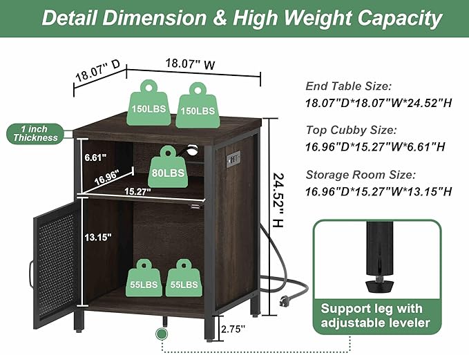 FATORRI End Table with Storage, Rustic Side Table for Living Room, Narrow Wood and Metal Bedside Tables with Door (Walnut Brown)