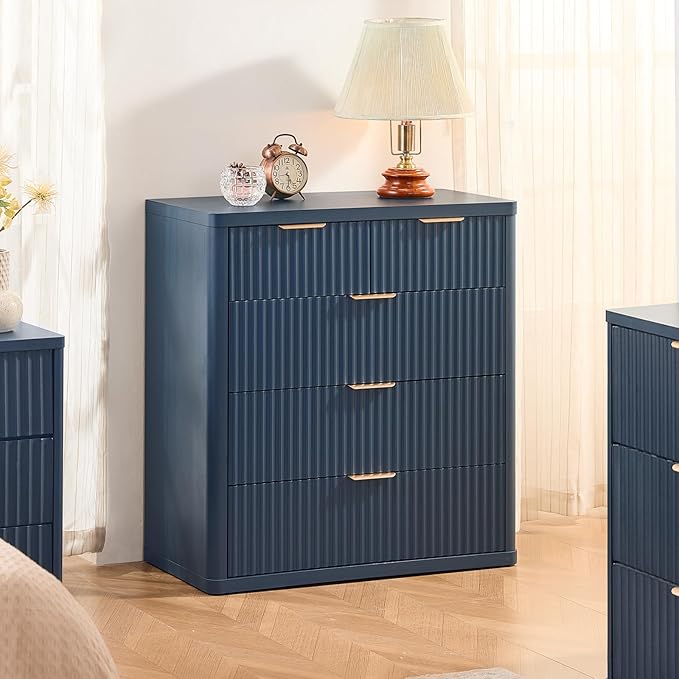 LEYAOYAO Fluted 5 Drawers Dresser for Bedroom, 34" Tall Modern Chest of Drawers with Metal Handle, Curved Profile Design,Navy Blue Wood Drawer Organizer for Bedroom, Living Room, Hallway, Entryway