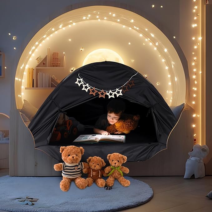 Bed Tent for Kid Twin Size Bed Canopy,Sensory Breathable Privacy Space Sleeping Drafty Room Dream Tents Indoor Play Tent Black-Out Kid Sleep Tent（Black,Full）