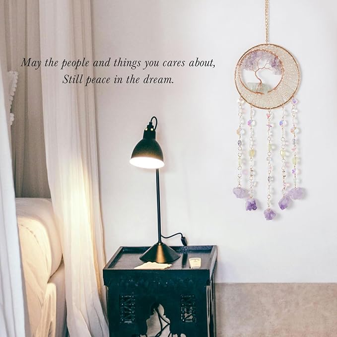 Green Quartz Gemstone Dream Catcher Tree of Life Chakra Dream Catchers with Healing Crystal Stones Handmade Dreamcatcher Sun Catcher Wall Decor for Boys Girls,Bedroom,Wedding,Garden,Bless Gift