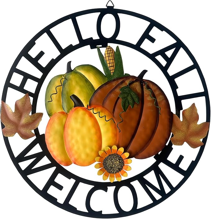 Metal Hanging Pumpkin Hello Fall Welcome Wreath Autumn Fall Harvest Decor for Front Door, Rustic Farmhouse Seasonal Thanksgiving Halloween Decoration-13''H