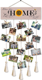 Bless This Home with Love and Laughter Hanging Photo Display Board with 16 Clips 5 Strings,Rustic Style Picture Collage Frames Wall Decor Wood Hanging for Home Décor,Housewarming Gifts
