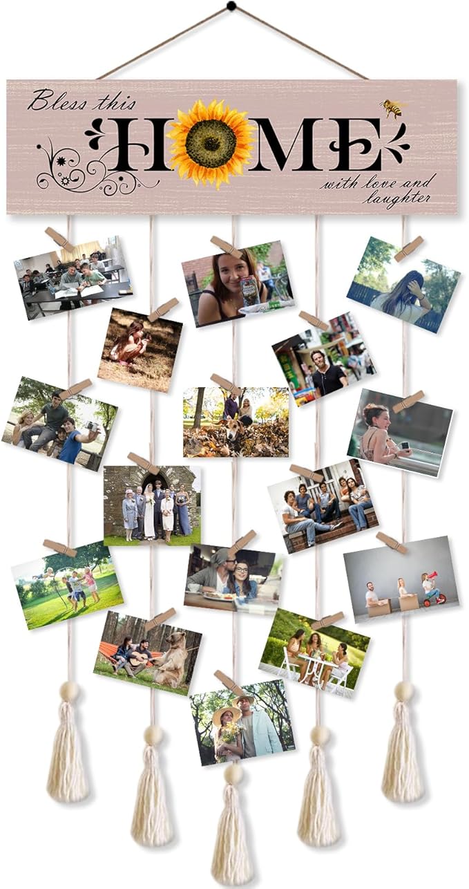 Bless This Home with Love and Laughter Hanging Photo Display Board with 16 Clips 5 Strings,Rustic Style Picture Collage Frames Wall Decor Wood Hanging for Home Décor,Housewarming Gifts