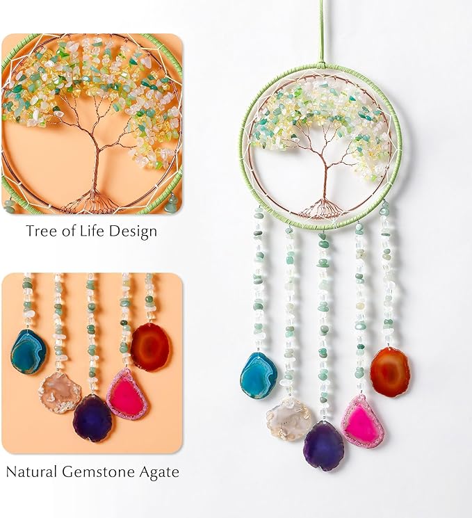 Agate Gemstone Dream Catcher 7 Chakras Sycamore Tree of Life Dream Catcher with Healing Crystal Stones Handmade Dreamcatcher Wall Decor for Adults Boys Girls,Bedroom,Wedding,Garden,Bless Gift