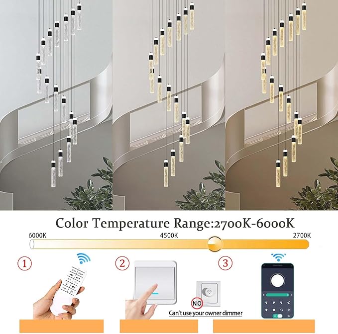 16-Light Black Crystal Chandelier for Foyer Entrance Loft 118" Long Spiral Stair Bubble Crystal Chandelier for High Ceiling Lighting Fixtures LED Lampara, Dimmable 3000K-6000K