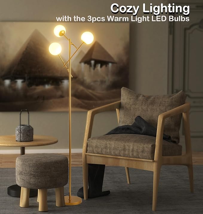 Fiqevs Globe Floor Lamp with 3 Adjustable Orb Lampshade, Gold Mid Modern Frosted Glass Standing Lamp Bulbs Included, Sputnik Tree Tall Pole Lamp for Living Room, Bedroom - Antique Brass