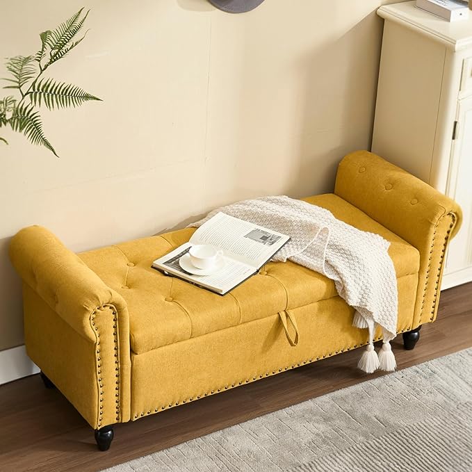 Furniliving 55” End of Bed Bench, Bedroom Bench with Button-Tufted, Large Upholstered Storage Ottoman Benches Window Bench with Storage Shoe Cabinet Bench, for Bedroom, Living Room, Linen, Yellow