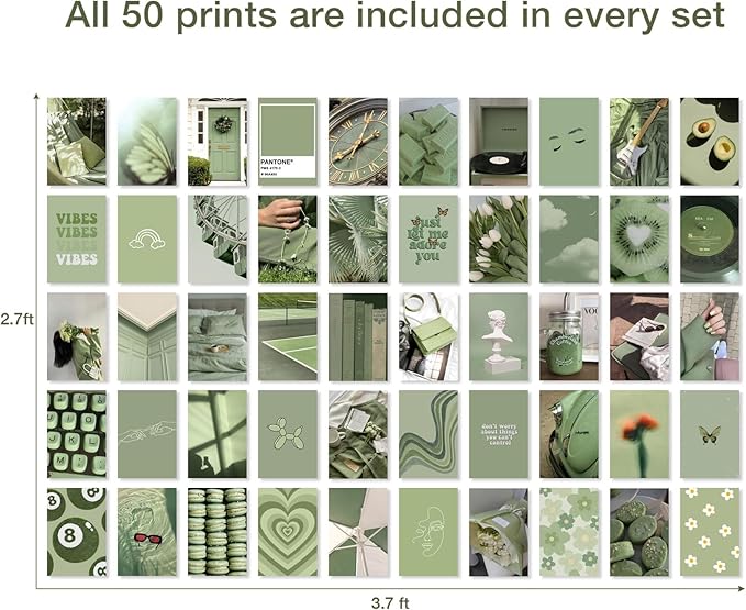 Y2K BOO Sage Green Aesthetic Wall Collage Kit – 50 Soft & Serene Photos, 4"x6" Semi-Gloss Prints for Teen Girls Dorm Room Decor, Calm Sage Green Moments, Ideal Gift for Birthday & Graduation