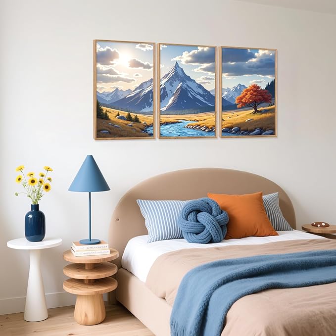 HPNIUB Landscape Mountain Wall Art Set, Rustic River Sunrise Pine Tree Forest Nature Scenry Wilderness Art Print, Farmhouse Grassland Modern Sky Decorative for Living Room, Bedroom, Office-16 x24 x3