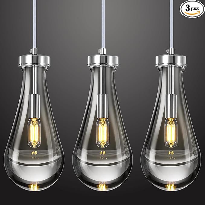Raindrop Pendant Lights Kitchen Island Set of 3 Teardrop Chrome Hanging Light Fixtures Clear Solid Glass Pendant Light Modern Chandeliers for Dining Room Porch Corridor Living Room