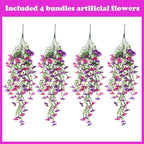 Artificial Hanging Flowers – 4 Pack UV Resistant Fake Morning Glory Vine Faux Plants for Porch, Patio, Balcony, Garden, Indoor & Outdoor Decor (Purple & Hot Pink)