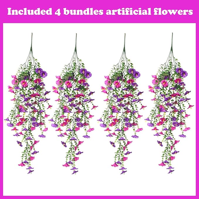 Artificial Hanging Flowers – 4 Pack UV Resistant Fake Morning Glory Vine Faux Plants for Porch, Patio, Balcony, Garden, Indoor & Outdoor Decor (Purple & Hot Pink)