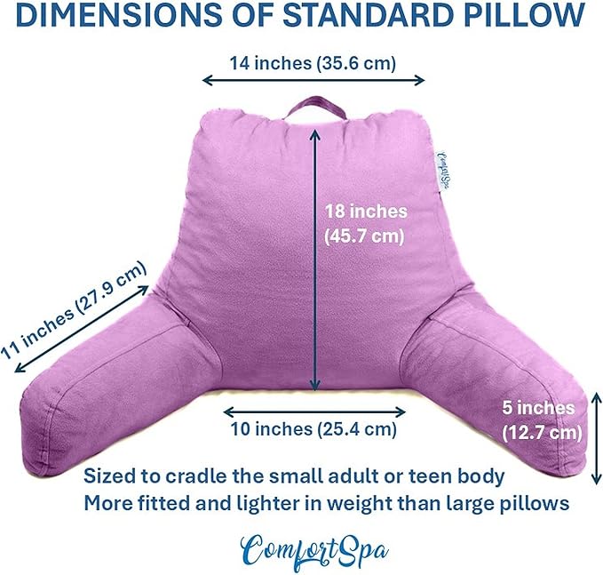 ComfortSpa Reading Pillow for Bed Adult Size, Back Rest Pillow with Arms, Pockets, Washable Cover; Use as Back Pillow for Bed Sitting Up for Bedrest or Relief from GERD Heartburn (Large Lavender)