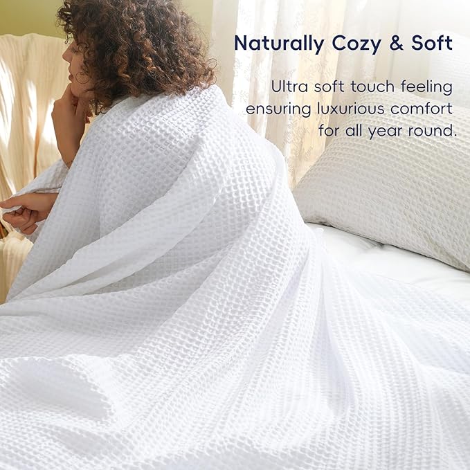 PHF Ultra Soft Waffle Weave Throw Blanket 50"x 60"- Washed Lightweight Breathable Cozy Woven Blanket for Bed - Aesthetic Decor for Couch Bedding Sofa Home Car - White