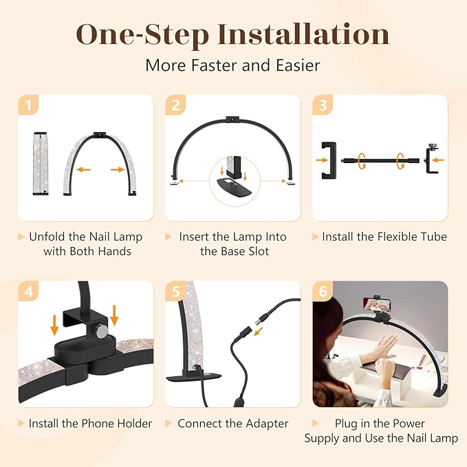 Half Moon Light for Nail Desk: 29" Foldable Half Moon Nail Desk Lamp with Phone Holder for Beginner - Arch Tech Light with 3 Color Modes & 10 Brightness for Manicure Salon (Black Diamond, Large)