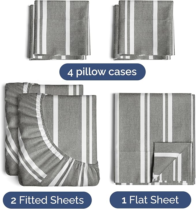 Split King Sheets Set 7 Piece - Includes 4 Pillowcases - Bed Sheets Split King - Soft Hotel Luxury Bedding - Cooling and Breathable - 1 Flat & 2 Fitted & 4 Pillowcases w/ Deep Pockets - Grey Stripes