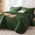 MUXHOMO 5 Pieces Twin Comforter Set, Seersucker Bed in a Bag Twin Size, All Season Luxury Bedding Set with Comforter, Flat Sheet, Fitted Sheet, Pillowcase & Sham, Dark Green