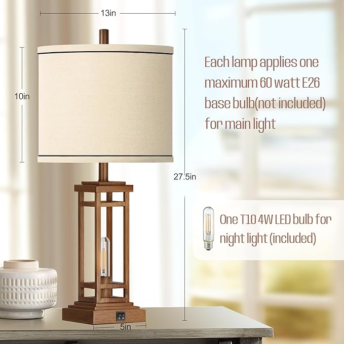ROTTOGOON 27.5 Tall Farmhouse Table Lamp with USB C + USB A Charge Ports, Rustic Living Room Lamp, Black Industrial End Table Lamp for Bedroom Living Room Nightstand (Wood)
