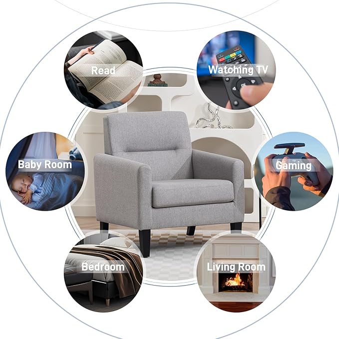 Accent Chair, Mid Century Modern Living Room Chairs Comfy Reading Chair with Upholstered Cushion Relax Armchair for Bedroom Apartment,Office,Light Grey