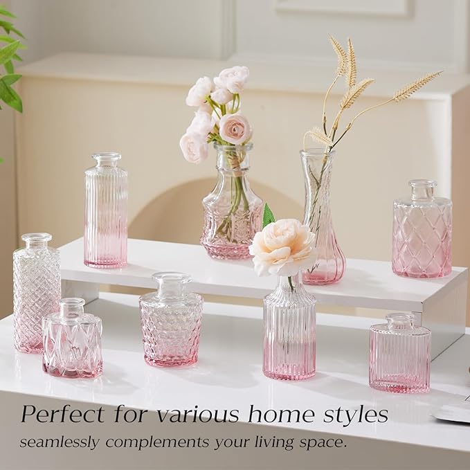 Glass Bud Vase Set of 20 - Small Vases for Flowers in Bulk - Assorted Vintage Crystal Vases for Flowers, Table Centerpieces (Pink, 20 Pcs)