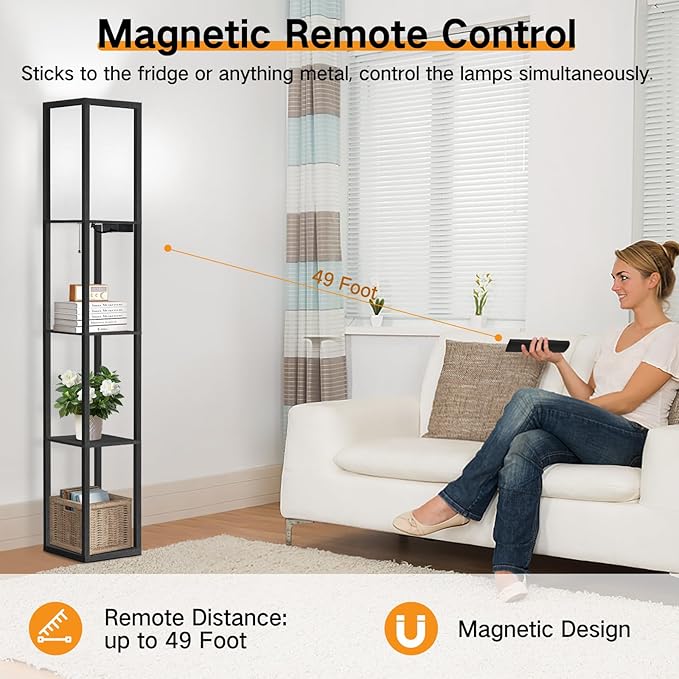 OUTON Floor Lamp with Shelves, Dimmable Shelf Floor Lamp with Remote, 1USB & 1 Type C Ports, 1 Power Outlet, Modern Standing Lamp with 4 Color Temperature for Living Room, Bedroom, Matte Black