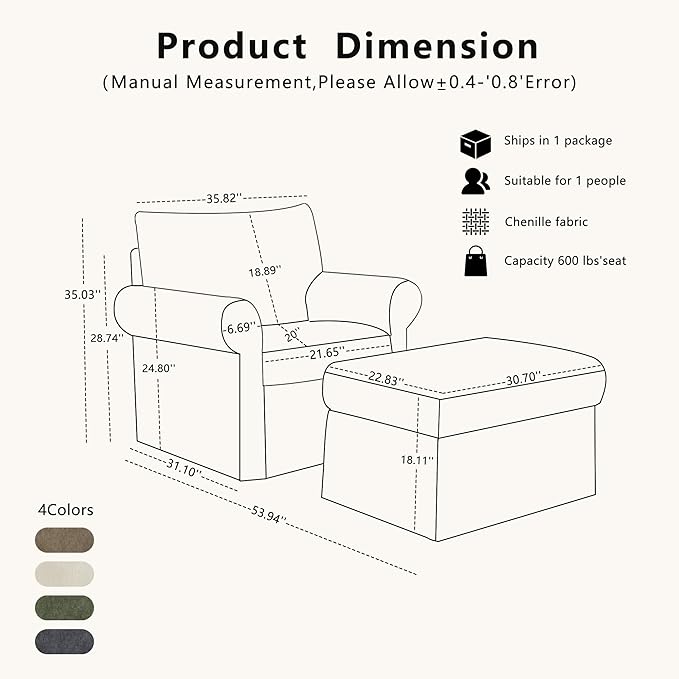 35.82” Accent Chair with Ottoman Upholstered Living Room Chairs for Reading Chair with Chaise Lounge Chairs Indoor, Comfortable Armchair for Bedroom (Brown, 35.82")