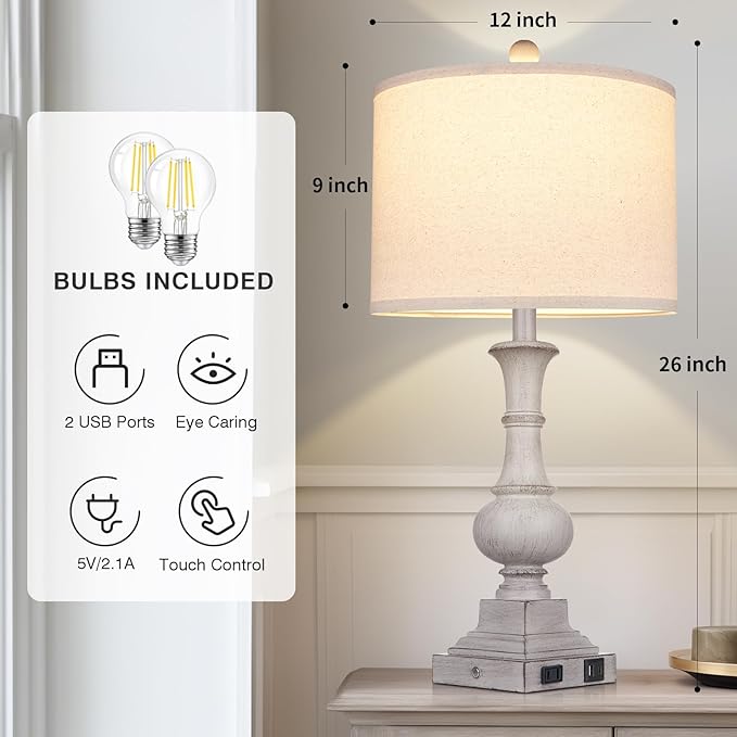 Farmhouse Lamps Set of 2, 26" Vintage Rustic Touch Control Bedside Lamp with USB A+C Ports & AC Outlet, 3-Way Dimmable Boho Nightstand Lamp Washed Resin Linen Fabric Shade for Living Room Bedroom Grey