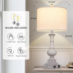 Farmhouse Lamps Set of 2, 26" Vintage Rustic Touch Control Bedside Lamp with USB A+C Ports & AC Outlet, 3-Way Dimmable Boho Nightstand Lamp Washed Resin Linen Fabric Shade for Living Room Bedroom Grey