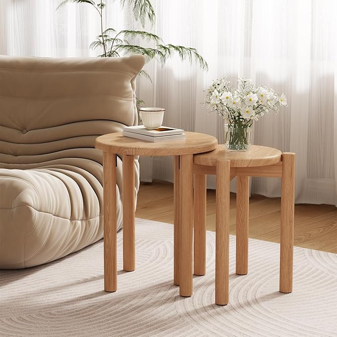 Stackable Stools Set of 4,4-in-1 Wood Stool,Round Wooden Stools with Anti-Slip Foot Pads for Kitchen,Bedroom,Living Room,Bar,No Assembly Required Durable and Space-Saving Design,18 inch (Natural)