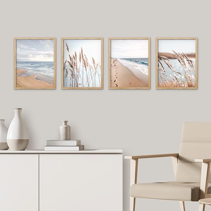 SIGNWIN Framed White Beach Grass Cloudy Ocean Sea Wave Horizon Wall Art, Set of 4 Landscape Colorful Wall Decor Prints, Nature Wilderness Wall Décor for Living Room, Bedroom - 8"x10" Natural
